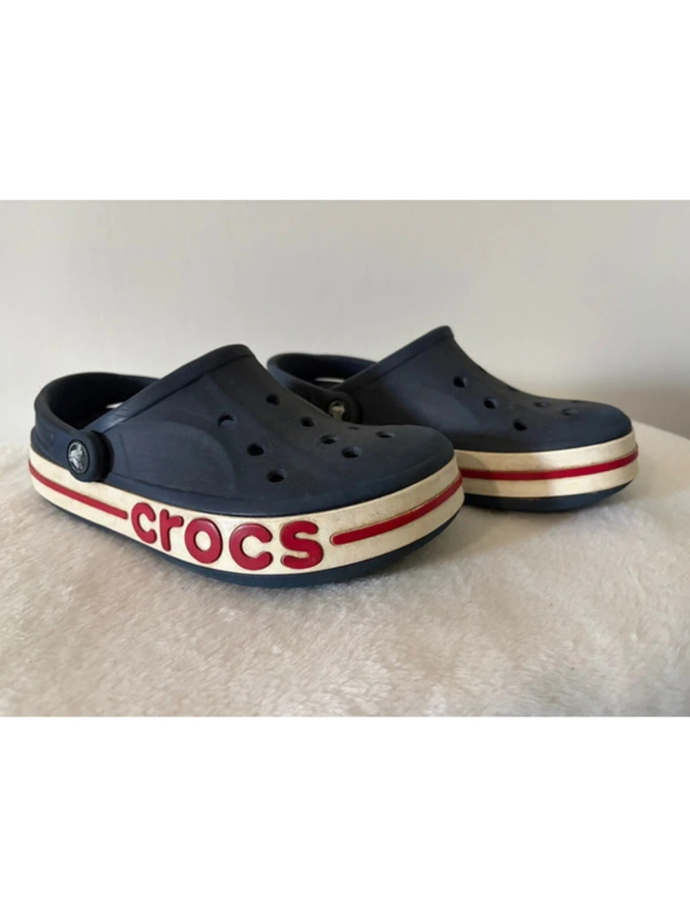 Crocs Bayaband Clogs Size 6 Navy Blue White Red Slip On Comfort Shoes